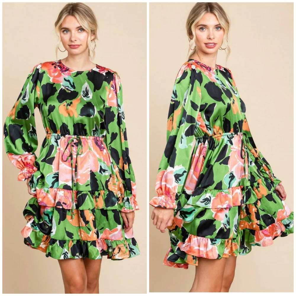 JODIFL Green Floral Long Sleeves Short Dress - Picture 7 of 7
